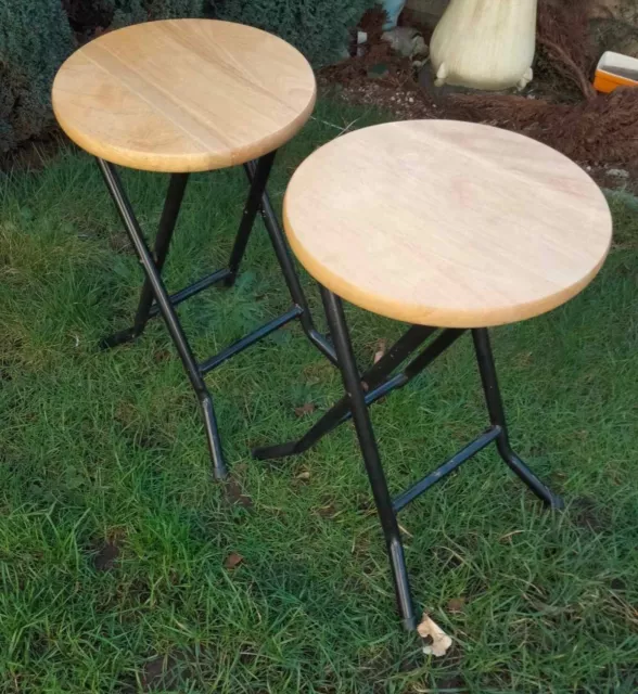 Matching pair of folding stools metal frame with wooden seats, strong & sturdy