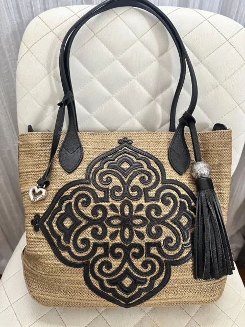 Brighton Tote Starla Casablanca Medallion Black Raffia Straw Tassel Tote Bag