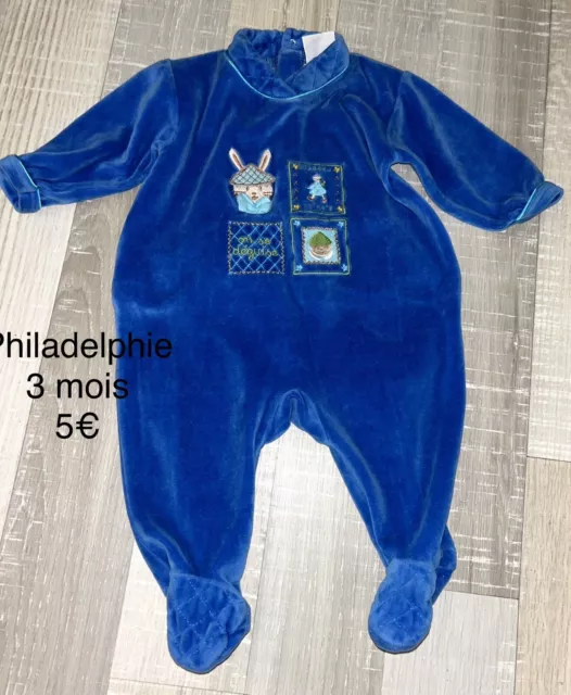 Phildar 3 MOIS GARÇON : BABYGROS Pyjama Velours Bleu TBE