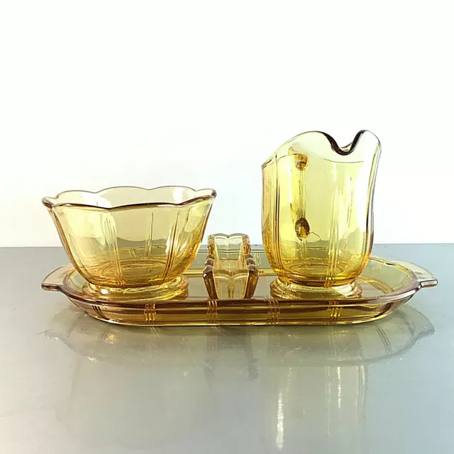 Art Déco PRESSGLAS Milch & Zucker Set Glas gelb Rahmservice Sahneservice