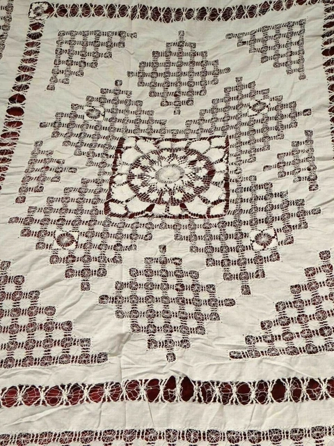 BANQUET LARGE WHITE TABLECLOTH CUTOUT LACE VTG HANDMADE CROCHET ANTIQUE 200cm