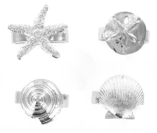 Basic Spirit Seashell Starfish Napkin Rings, Set of 4, Pewter