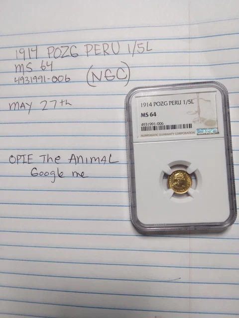 1914 pozg pure Peru Gold  Coin 1 /5 L NGC  MS 64 Rare low mint Beautiful  coin