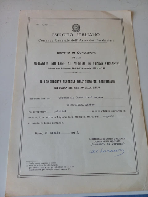 Diploma Militare Medaglia Al Merito Di Lungo Comando Argento
