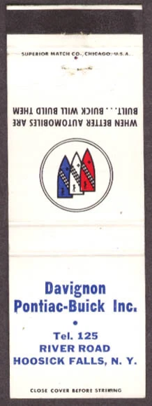 1962 Buick Davignon Pontiac Hoosick Falls NY matchcover