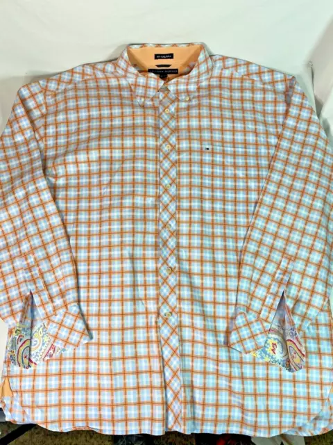 Tommy Hilfiger Button Down Blue Orange Plaid XXL Embellished Cuffs