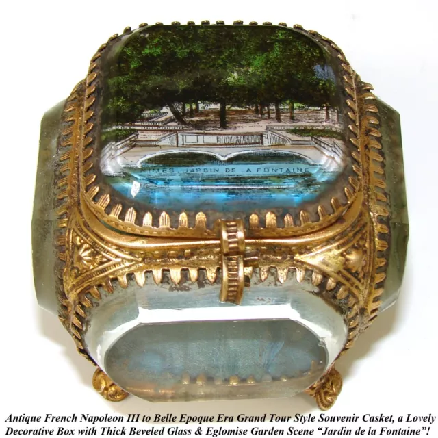 Antique French Souvenir Casket, Beveled & Eglomise Scene "Jardin de la Fontaine" 2