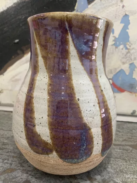 Vintage Mid Century Studio Art Stoneware Pottery Vase Speckled Glaze Signed 7”