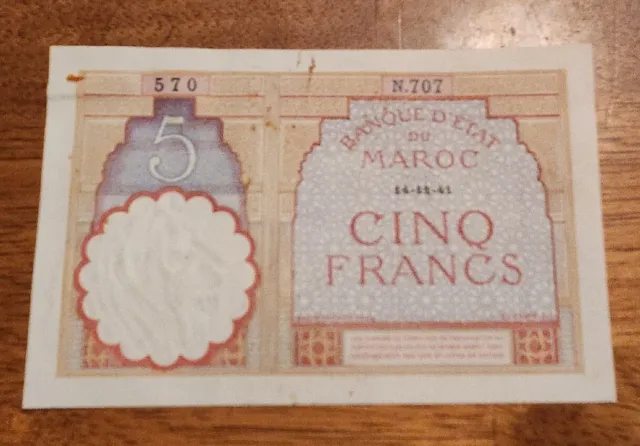 Morocco PK# 23A 1941 5 Francs Circulated Banknote