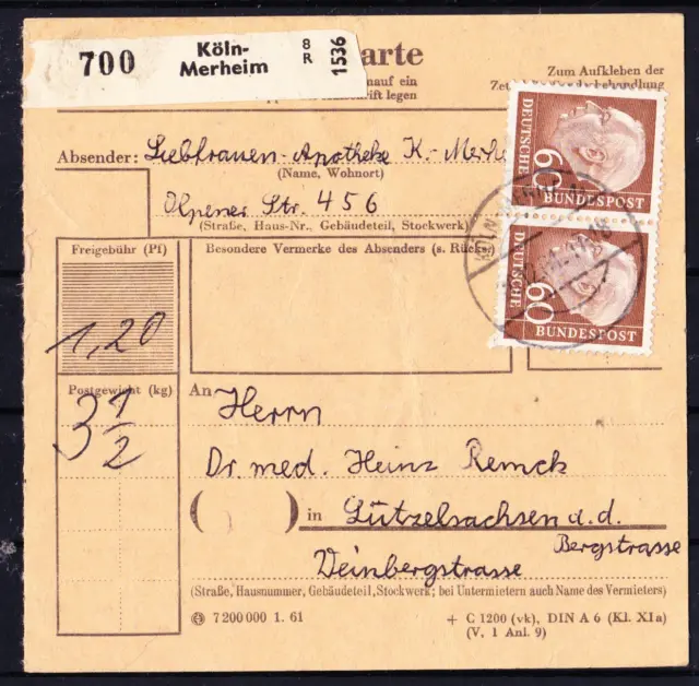 Bund Heuss II, 60Pf, Mi. 262 waager. Paar auf Paketkarte, (Brief)
