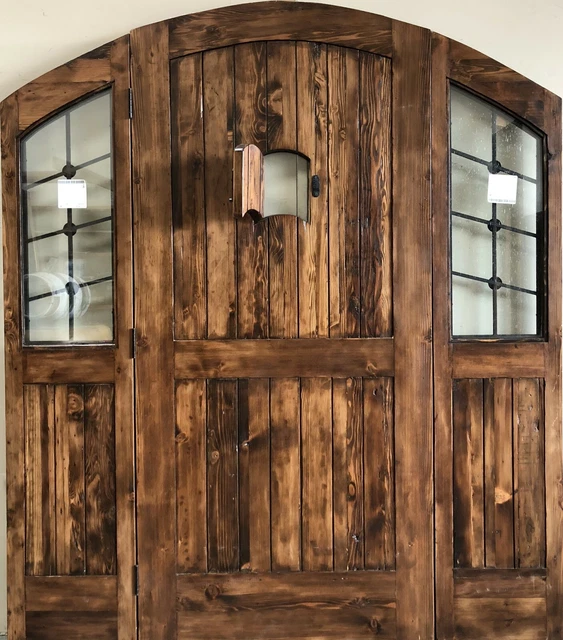 Rustic ALDER solid lumber eyebrow arch glass door speakeasy wroughtiron sidelite 3