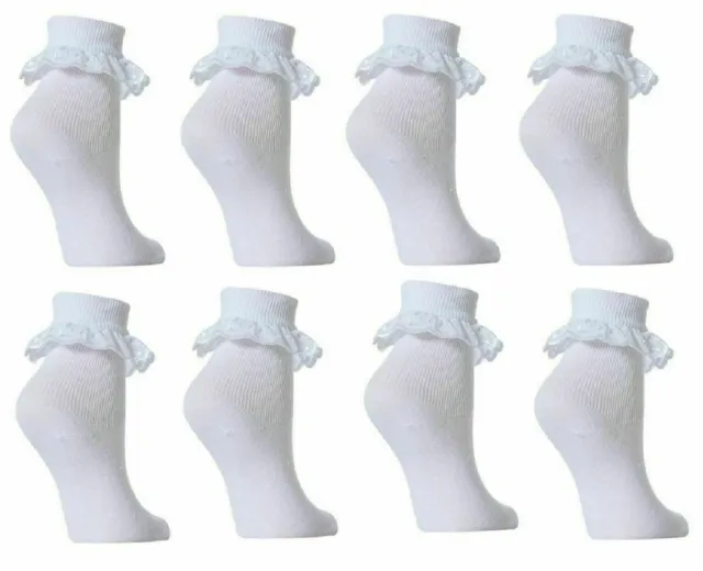 6 or 12 Pairs GIRLS SCHOOL COTTON LACE SOCKS FRILLY LACE ANKLE SOCKS ALL SIZES