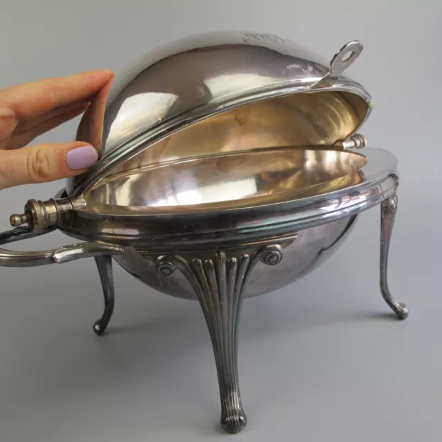 Antique silver plated Food Warmer / Serving Dish. Revolving Dome. Roll Top Lid.