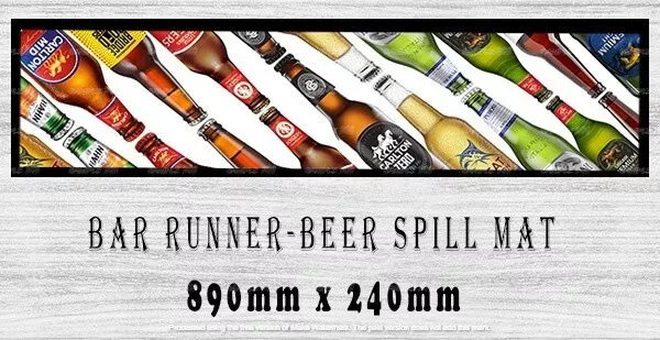BOTTLES Aussie Beer Spill Mat Bar Runner Man Cave (890mm X 240mm) Pub Rubber