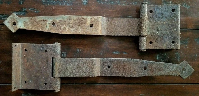 ANTIQUE IRON HAND FORGED DOOR HINGES 19th c. LARGE ! 23" Long with Plate PAIR