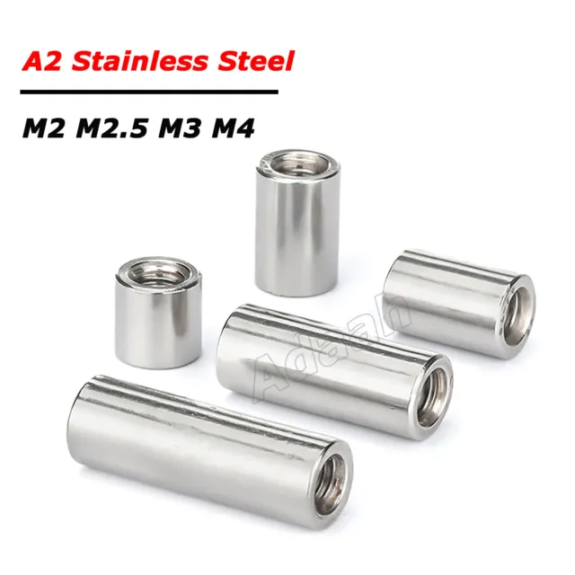 M2 M2.5 M3 M4 Round Connector Threaded Sleeve Rod Bar Stud Long Nut A2 Stainless