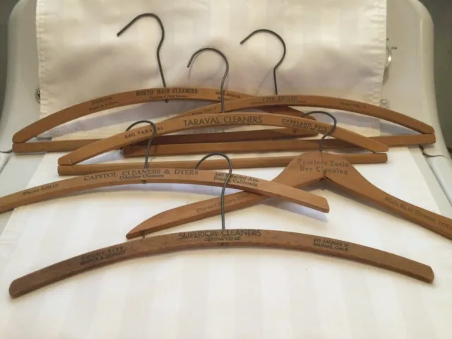 Lot of 6 Vintage Wooden Clothes Hangers Advertising Cleaners L.A. Salinas Fresno