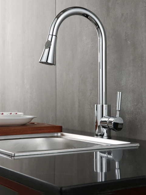 Moderner Monoblock Küchenmischer Wasserhahn mit herausziehbarem Schlauch Spray Einzelhebel Chrom 3