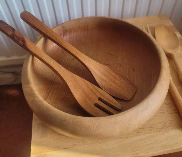 Vintage Retro Wooden Teak Salad Bowl with Servers 8.5"