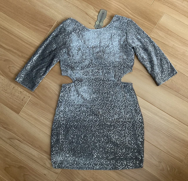 cotton club sequin dress LADIES COTTON CLUB grey silver sequin cut-out fitted mini dress size 10 NWT 8.66