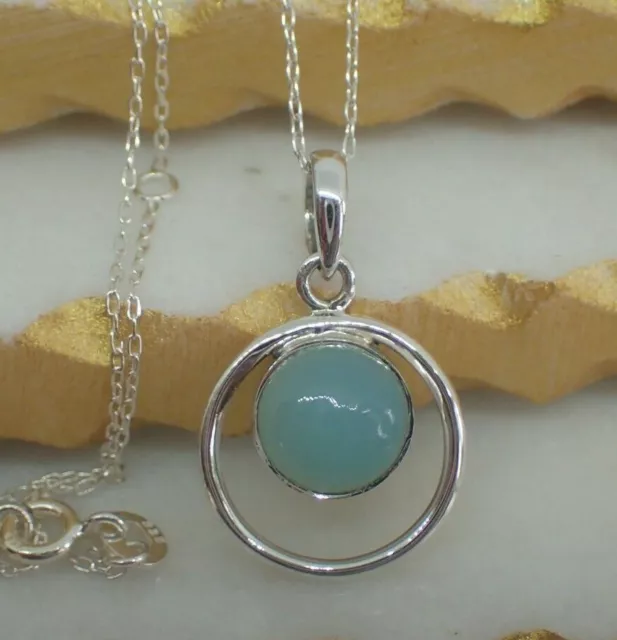 Natural Blue Chalcedony Hoop Pendant, Solid Sterling Silver, inc Chain, New UK