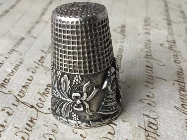 French Solid Silver Hallmarked Bell Floral Decoration Sewing Thimble 2