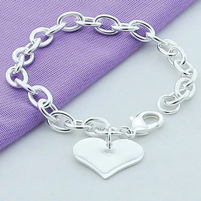 Women Fashion 925 Sterling Silver Filled Heart Pendant Charm Bracelet Bangle