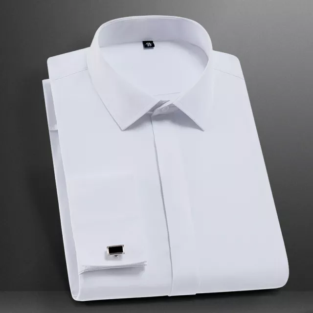 Mens Dress Shirts Button Down Slim Formal Buiness Long Sleeves French Cuff Shirt
