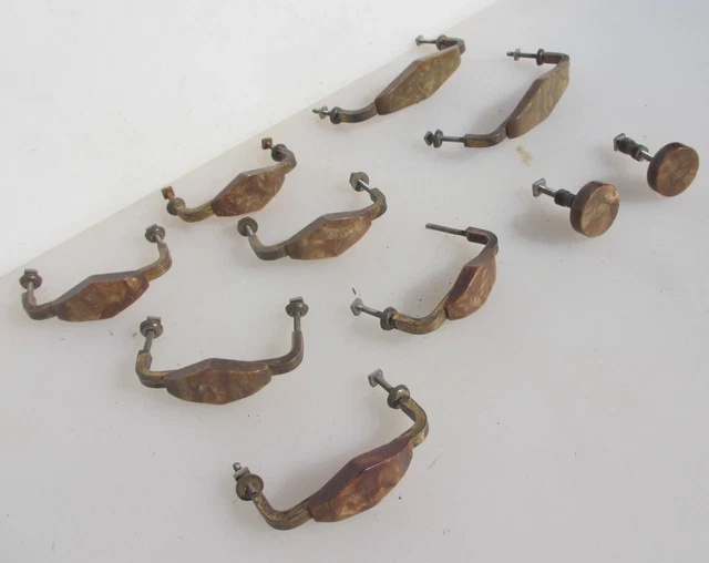 Vintage Brass & Plastic Drawer Handles Knobs Cupboard Pulls Cabinet Old Retro