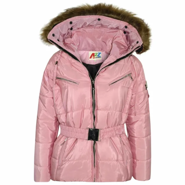 Kids Girls Jacket Puffer Hooded Faux Fur Pink Padded Zipped Belted Top Warm Coat