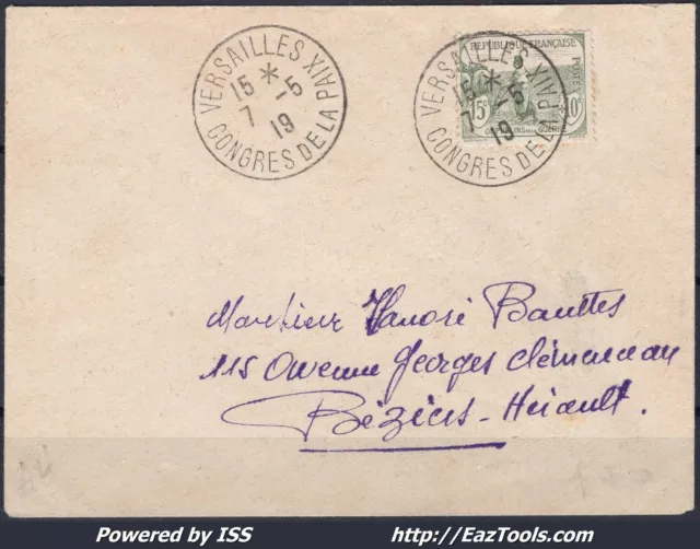 France N° 150 Seul Sur Lettre Cachet Versailles Congres De La Paix Du 07/05/1919