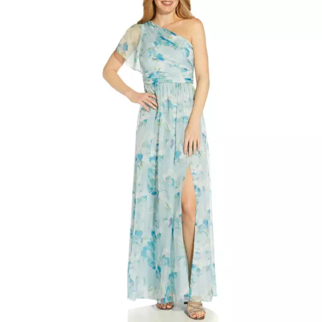 Adrianna Papell Womens Blue Chiffon Floral Print Evening Dress Gown 12 BHFO 9144