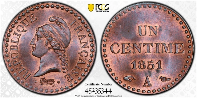 Un Centime Dupré 1851 Paris PCGS MS65RB Fleur de coin Collection idéale Top Pop
