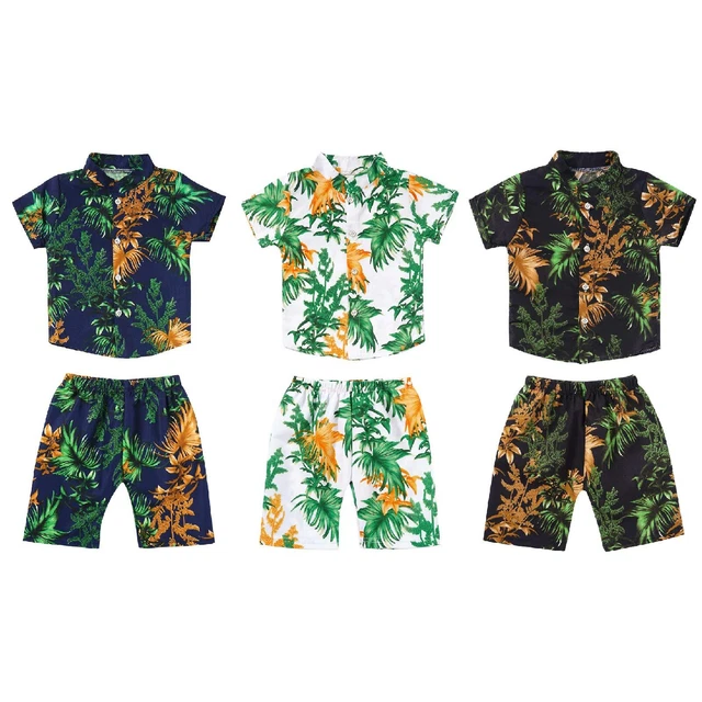 Abiti hawaiani bambino camicia stampata a foglia + pantaloncini vacanze estive abbigliamento da spiaggia