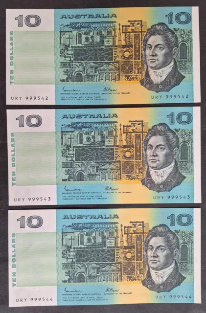 1985 Australia Consecutive Run 3X$10 Johnston Fraser banknotes Renniks R309 aUNC