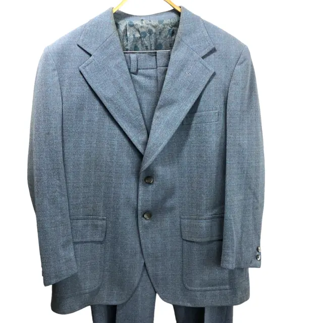 Vintage Men's Suit Jacket Trousers 1980's Button Up Size 44 Stout Blue Polyester