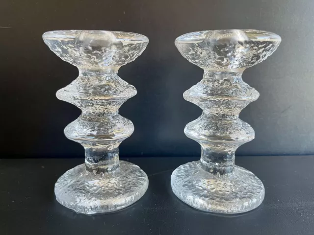 Pair of 2 Ring MCM Timo Sarpaneva Iittala Festivo Finland Glass Candlesticks