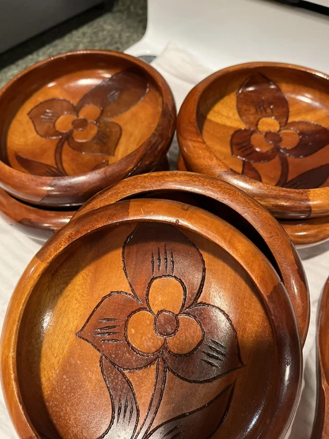 6 Vintage Mahogany hand carved wooden flwr Bowls W/matching Serving Spoon&fork