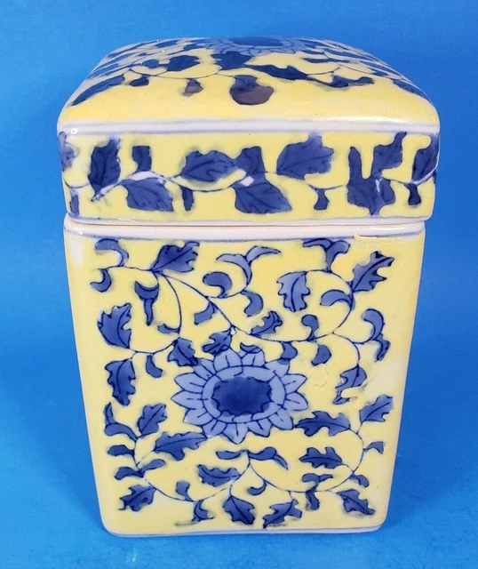 Asian Porcelain Lidded Jar Mid 20th Century Canary Yellow w/ Blue Flowers Square