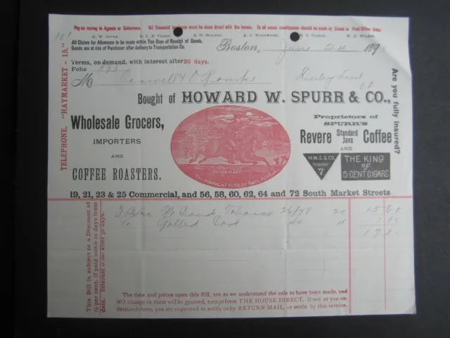 Old 1895 - HOWARD W. SPURR & Co. - Billhead Document - Boston - REVERE COFFEE