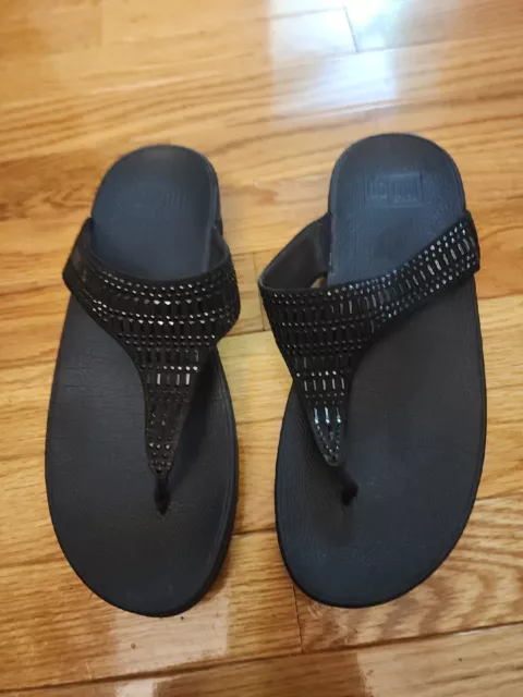 Womens Fitflop Lulu Wedge Thong Sz 8 Bead Embilished Black Sandals