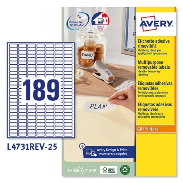 Avery L4731REV-25 Self-Adhesive Removable Mini Labels, 189 Labels Per A4 Sheet,
