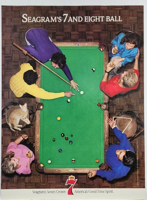 1987 Seagrams Seven Crown 7 Pool Room Vtg Print Ad Man Cave Poster Art Deco 80's