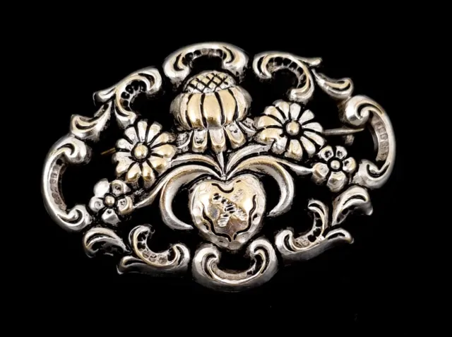 Ancien Edouardien Art Nouveau Plaque Argent Ouvert Floral Défiler Struc Broche