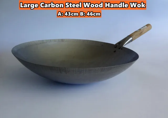 Professional Carbon Steel Chinese Wok Wooden Handle Round Base Stir Fry 43/46cm