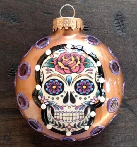 E. BARNES Sugar Skull 3" Ornament Copper Glass Day of the Dead Christmas Fun