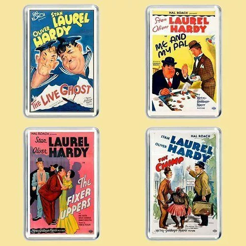 SET of FOUR Laurel and & Hardy - RARE ORIGINAL POSTER ART JUMBO FRIDGE MAGNETS