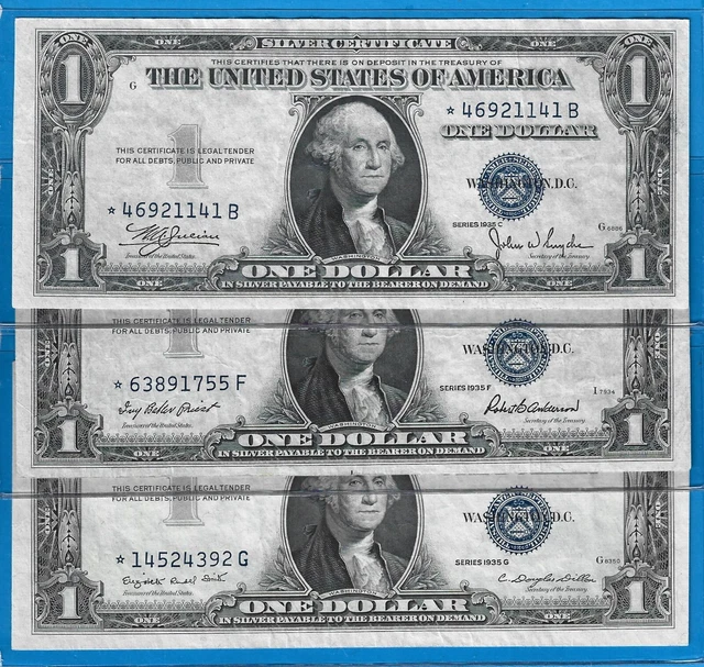 1935C/F/G $1 Silver Certificate *Star* Notes,3) Notes,Blue Seal,Circ VF,Nice!