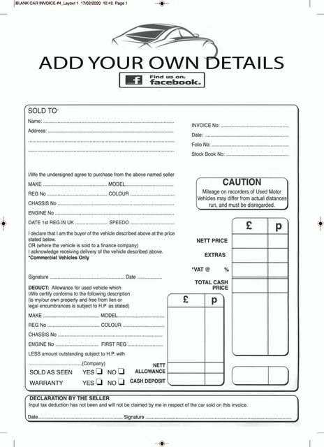 USED CAR TRADE SALES INVOICE PAD AND USED CAR SALES INVOICE PAD FOR VANS CARS | UK