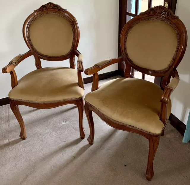 Pair of Vintage French Style Highback Open Upholstered Armchairs for Restoration